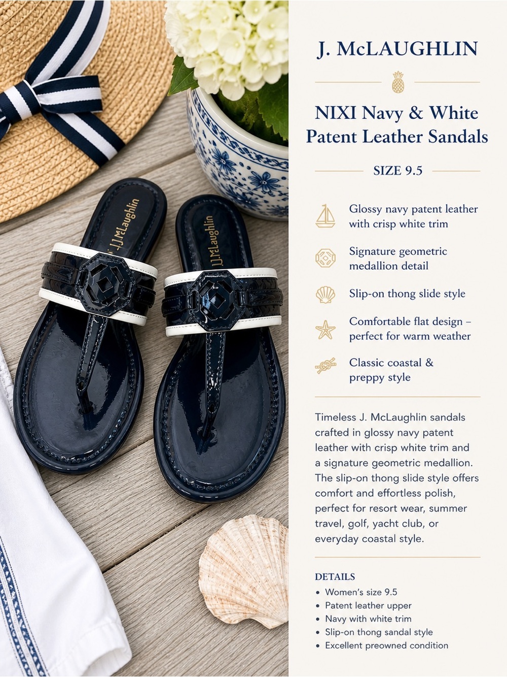 J. McLaughlin NIXI Navy White Patent Leather Sandals 9.5 Coastal Preppy